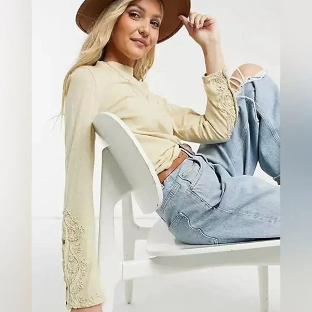 FREE PEOPLE Hooked On  You Embroidered Long Sleeve Henley Top